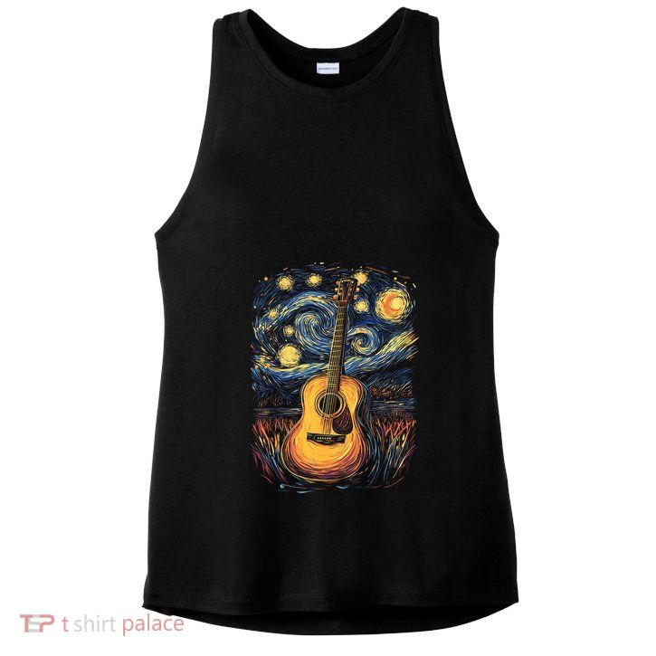 Starry Night Inspired Acoustic Guitar Ladies PosiCharge Tri-Blend Wicking Tank