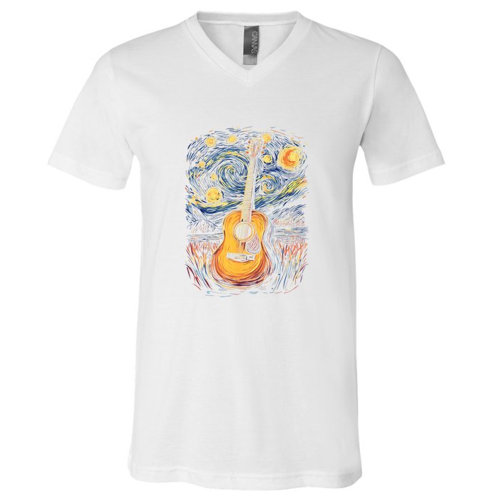 Starry Night Inspired Acoustic Guitar V-Neck T-Shirt