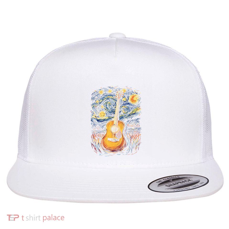 Starry Night Inspired Acoustic Guitar Flat Bill Trucker Hat