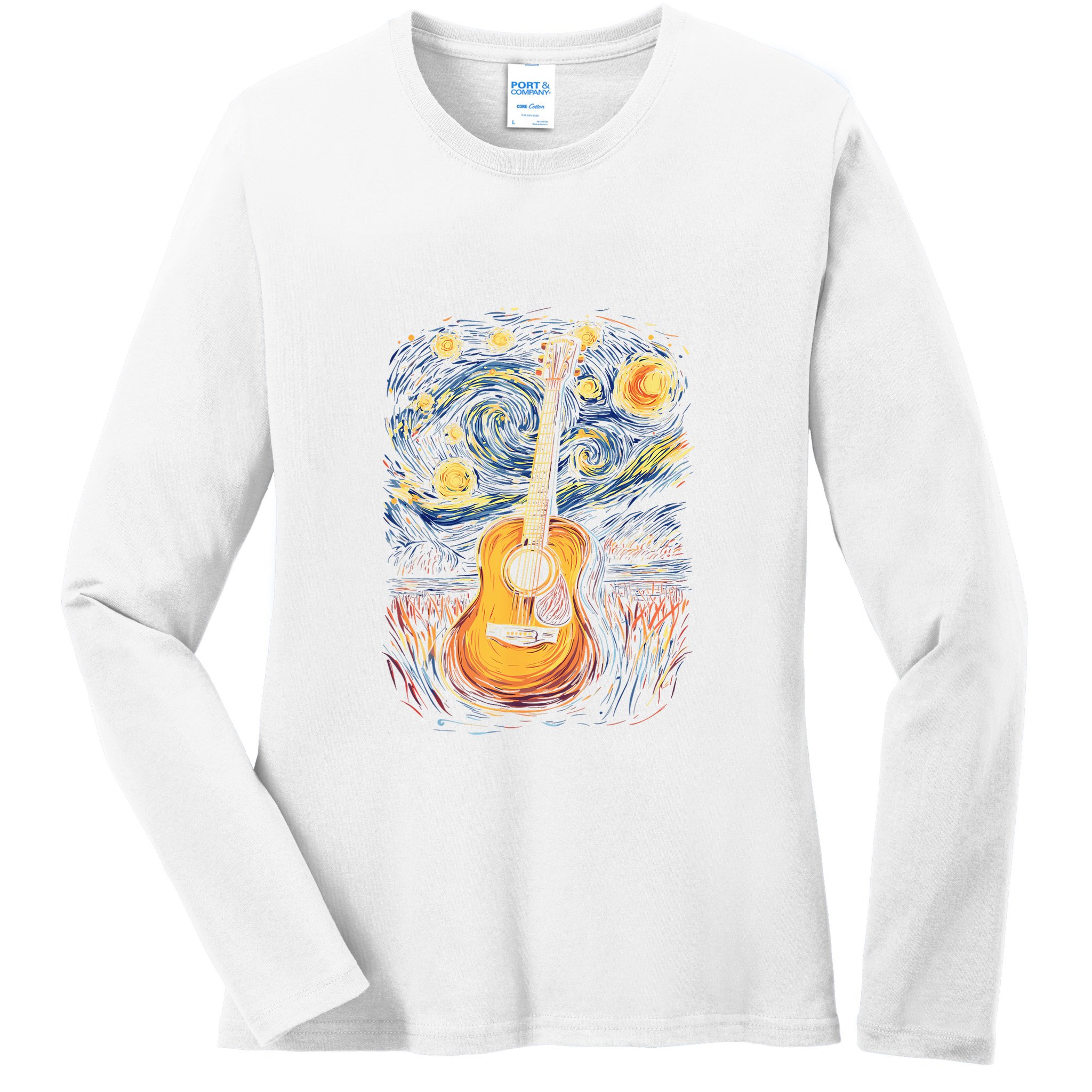 Starry Night Inspired Acoustic Guitar Ladies Long Sleeve Shirt