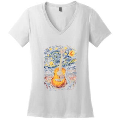 Starry Night Inspired Acoustic Guitar Women's V-Neck T-Shirt