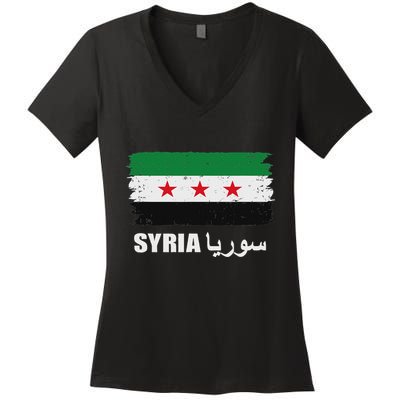 Syria Name In Arabic Syria Flag New Syrian Flag Syria Women's V-Neck T-Shirt