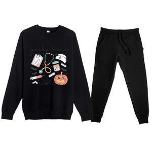 Spooky Nurse Icu Boo Crew Retro Halloween Costumes Gift Premium Crewneck Sweatsuit Set