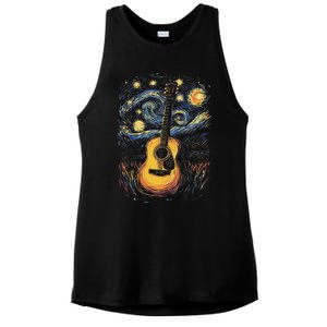 Starry Night Inspired Acoustic Guitar Ladies PosiCharge Tri-Blend Wicking Tank