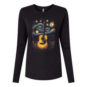 Starry Night Inspired Acoustic Guitar Womens Cotton Relaxed Long Sleeve T-Shirt