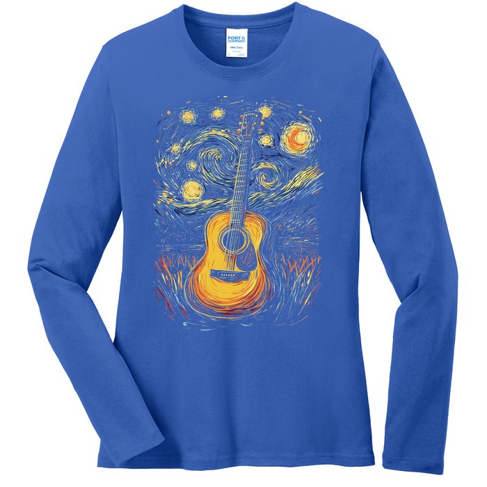 Starry Night Inspired Acoustic Guitar Ladies Long Sleeve Shirt