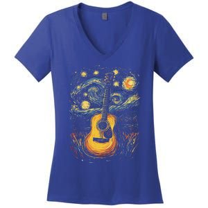 Starry Night Inspired Acoustic Guitar Women's V-Neck T-Shirt