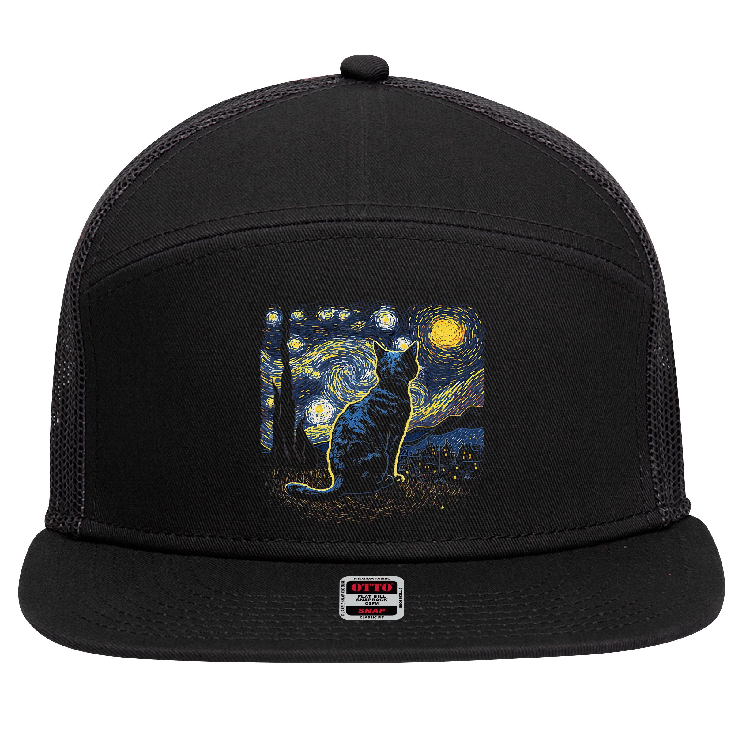 Starry Night Inspired Cat Gifts Funny Cat 7 Panel Mesh Trucker Snapback Hat
