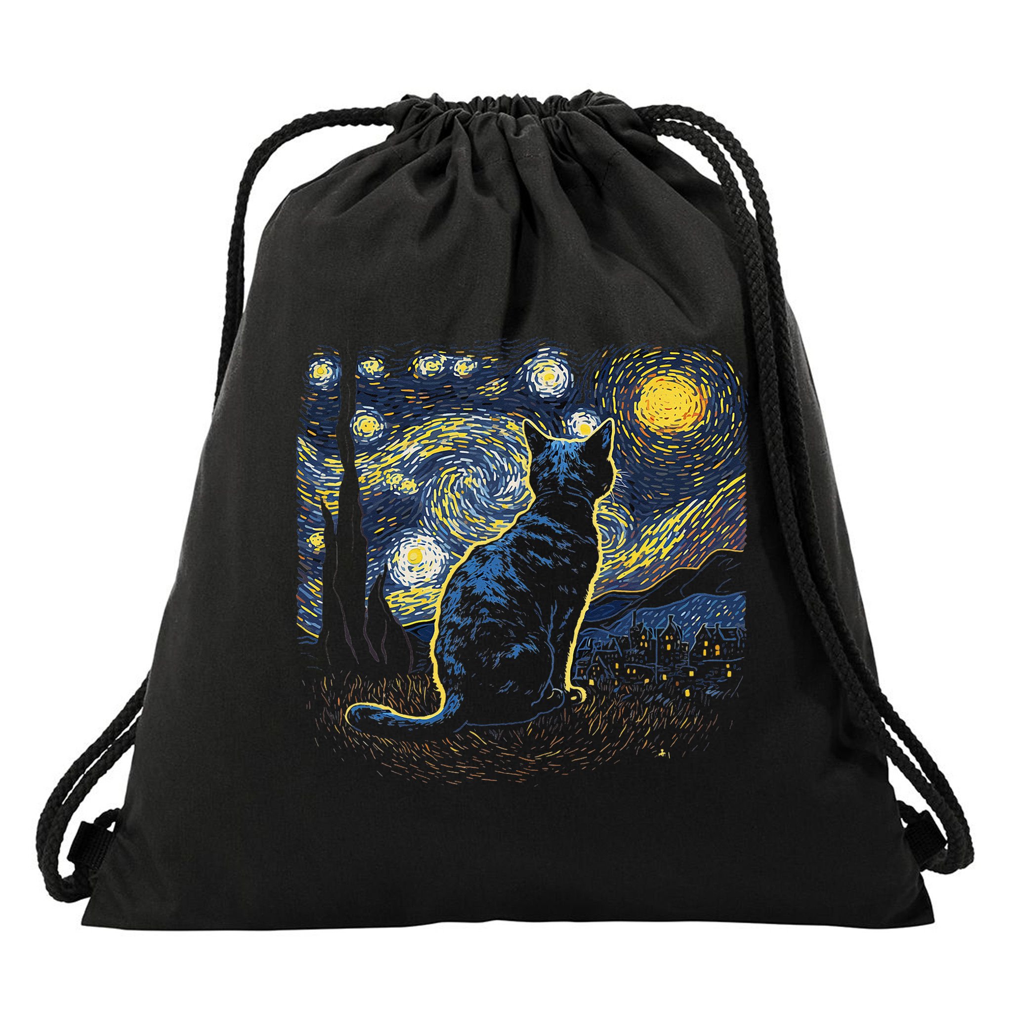 Starry Night Inspired Cat Gifts Funny Cat Drawstring Bag