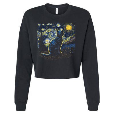 Starry Night Inspired Cat Gifts Funny Cat Cropped Pullover Crew