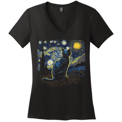 Starry Night Inspired Cat Gifts Funny Cat Women's V-Neck T-Shirt