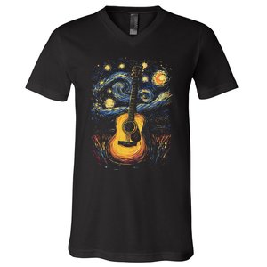 Starry Night Inspired Acoustic Guitar V-Neck T-Shirt