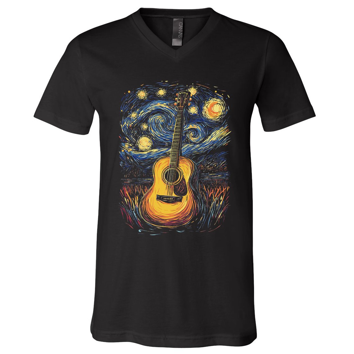 Starry Night Inspired Acoustic Guitar V-Neck T-Shirt