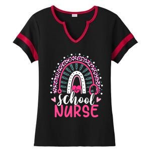 School Nurse Leopard Print Boho Rainbow Nurses Week Cute Gift Ladies Halftime Notch Neck Tee