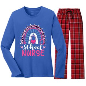 School Nurse Leopard Print Boho Rainbow Nurses Week Cute Gift Women's Long Sleeve Flannel Pajama Set 