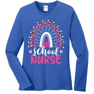 School Nurse Leopard Print Boho Rainbow Nurses Week Cute Gift Ladies Long Sleeve Shirt