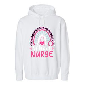 School Nurse Leopard Print Boho Rainbow Nurses Week Cute Gift Garment-Dyed Fleece Hoodie