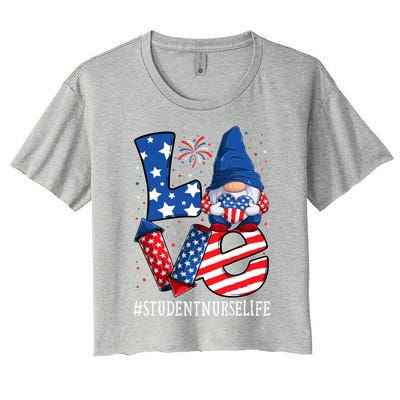 Student Nurse Love 4th Of July Gnome Usa Patriotic Cute Gift Women's Crop Top Tee