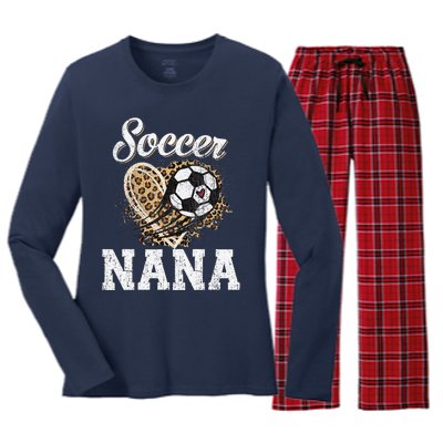 Soccer Nana Leopard Heart Proud Nana Sport Lover Funny Women's Long Sleeve Flannel Pajama Set 