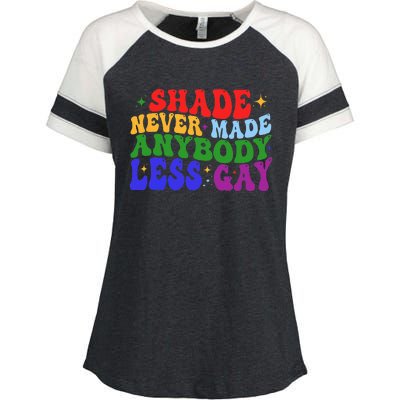 Shade Never Made Anybody Less Gay LGBTQ Rainbow Pride Enza Ladies Jersey Colorblock Tee