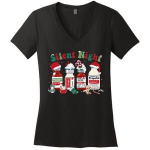 Silent Night Merry Christmas Nurse Pills Pharmacist Pharmacy Women's V-Neck T-Shirt