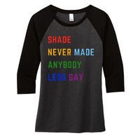 Shade Never Made Anybody Less Gay Women's Tri-Blend 3/4-Sleeve Raglan Shirt