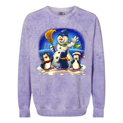 Snowman With Penguins Having Fun Colorblast Crewneck Sweatshirt