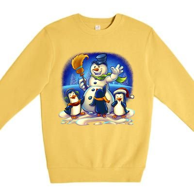 Snowman With Penguins Having Fun Premium Crewneck Sweatshirt