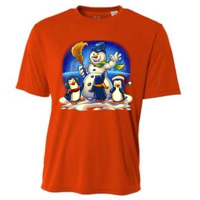 Snowman With Penguins Having Fun Cooling Performance Crew T-Shirt