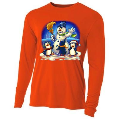 Snowman With Penguins Having Fun Cooling Performance Long Sleeve Crew