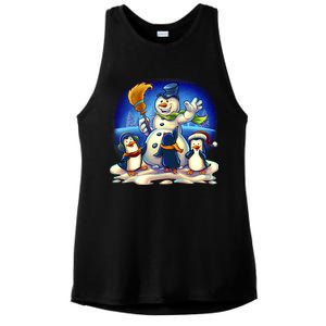 Snowman With Penguins Having Fun Ladies PosiCharge Tri-Blend Wicking Tank