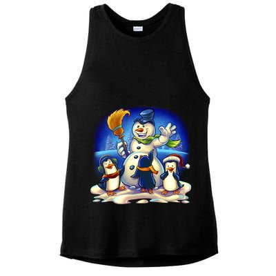 Snowman With Penguins Having Fun Ladies PosiCharge Tri-Blend Wicking Tank