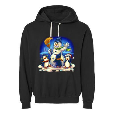 Snowman With Penguins Having Fun Garment-Dyed Fleece Hoodie