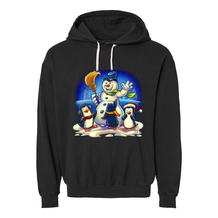 Snowman With Penguins Having Fun Garment-Dyed Fleece Hoodie