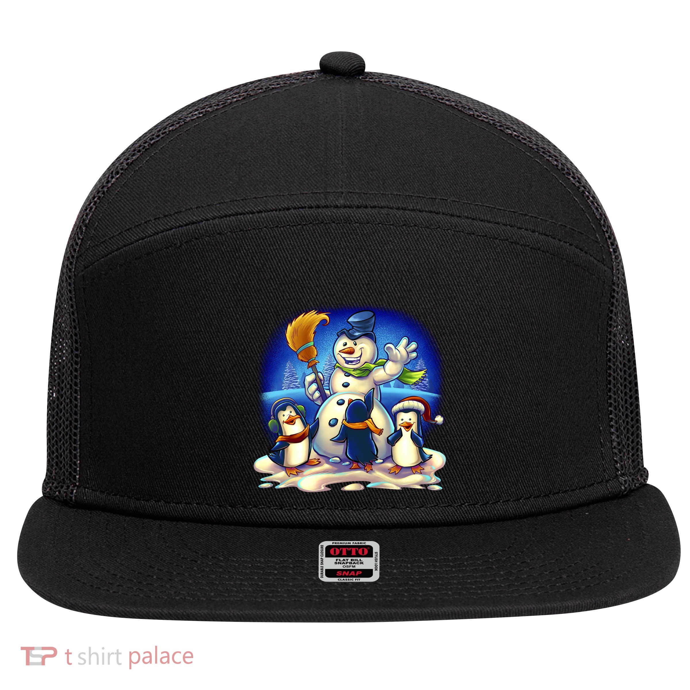Snowman With Penguins Having Fun 7 Panel Mesh Trucker Snapback Hat