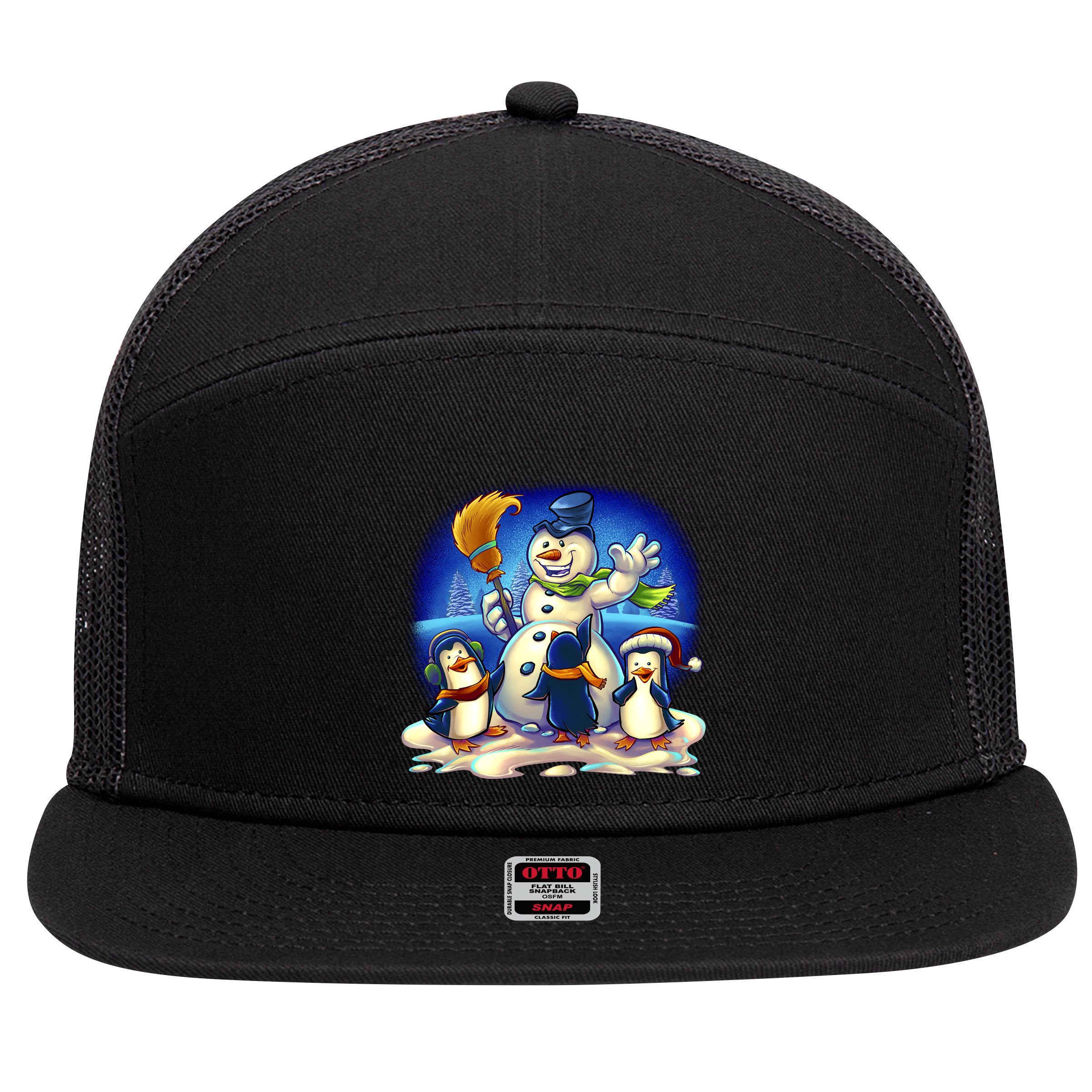 Snowman With Penguins Having Fun 7 Panel Mesh Trucker Snapback Hat