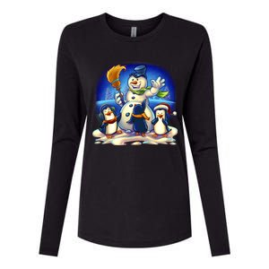 Snowman With Penguins Having Fun Womens Cotton Relaxed Long Sleeve T-Shirt