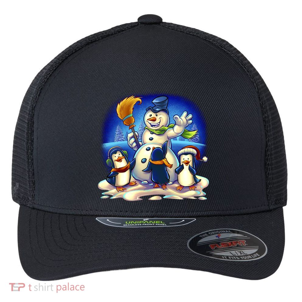 Snowman With Penguins Having Fun Flexfit Unipanel Trucker Cap