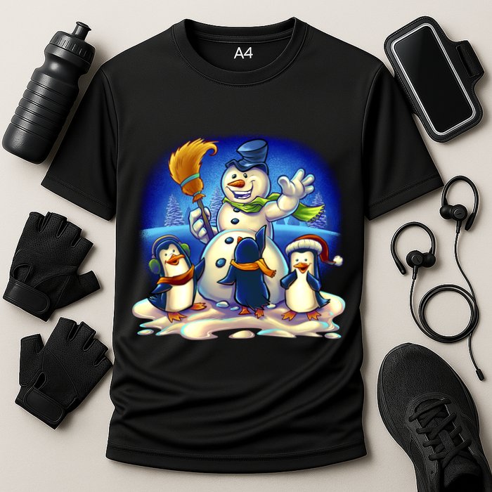 Snowman With Penguins Having Fun Performance Shirt