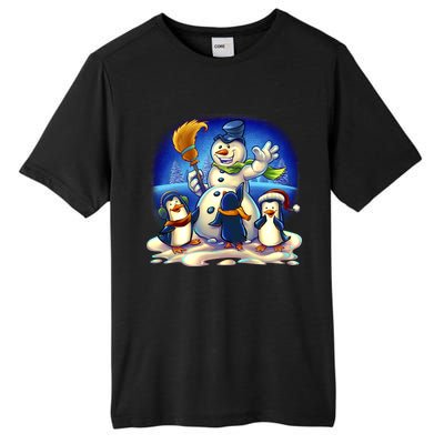 Snowman With Penguins Having Fun Tall Fusion ChromaSoft Performance T-Shirt