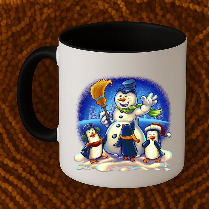 Snowman With Penguins Having Fun Mug