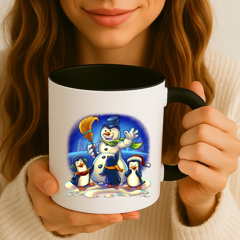 Snowman With Penguins Having Fun Mug