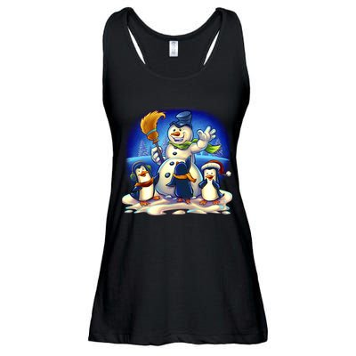 Snowman With Penguins Having Fun Ladies Essential Flowy Tank
