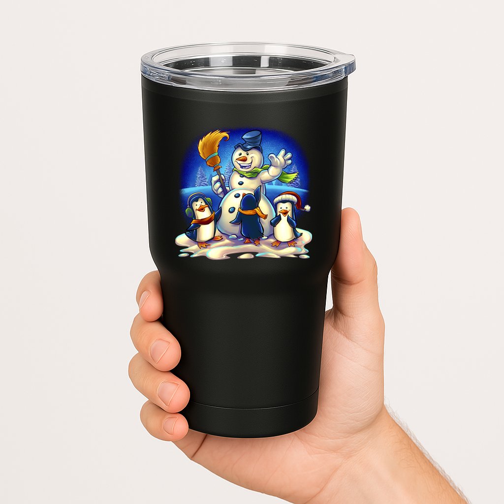 Snowman With Penguins Having Fun Tumbler