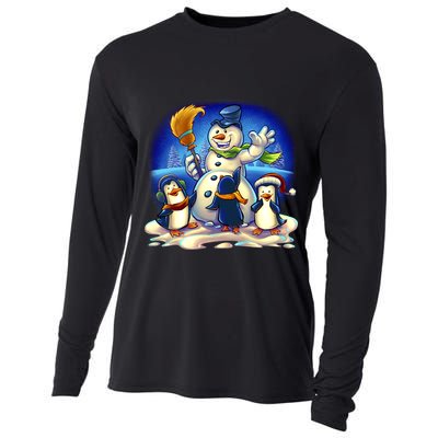 Snowman With Penguins Having Fun Cooling Performance Long Sleeve Crew