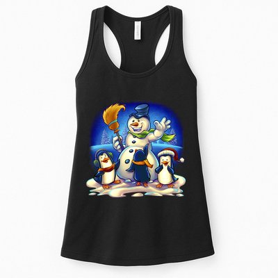 Snowman With Penguins Having Fun Womens Tank Top