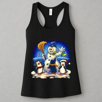 Snowman With Penguins Having Fun Womens Tank Top