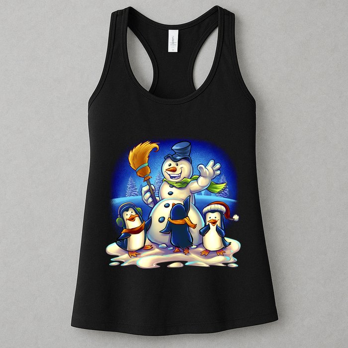 Snowman With Penguins Having Fun Womens Tank Top