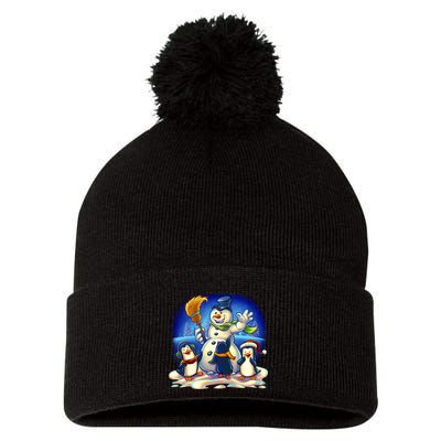 Snowman With Penguins Having Fun Pom Pom 12in Knit Beanie