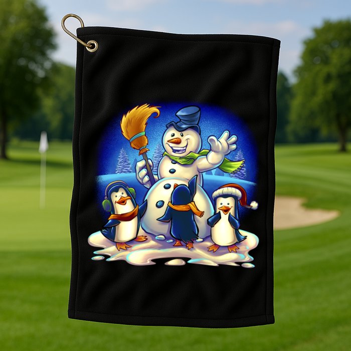Snowman With Penguins Having Fun Golf Towel